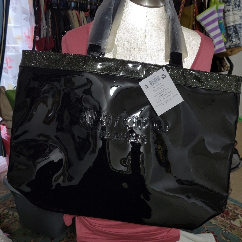 NWT-GWP Jimmy Choo Parfume Glossy Black/Shimmered Trim Tote.